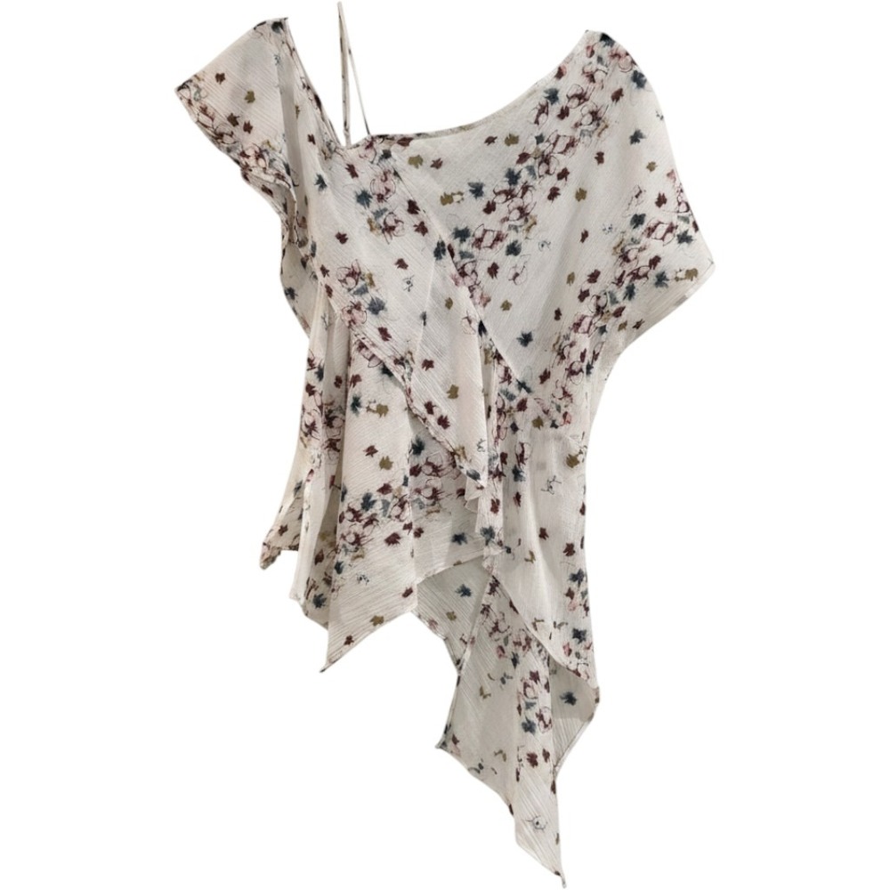 BCBGMAXAZRIA Asymmetrical Top Women Medium White Floral Cotton Silk Ruffle